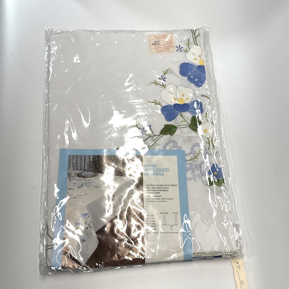 Vintage Floral Tablecloth 68" Round White Blue Just Springtime Embroidered